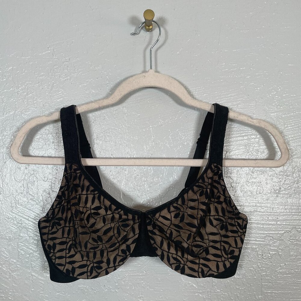 Olga Women 36C Black Beige Sheer Leaves Minimizer Bra Underwire Unlined
